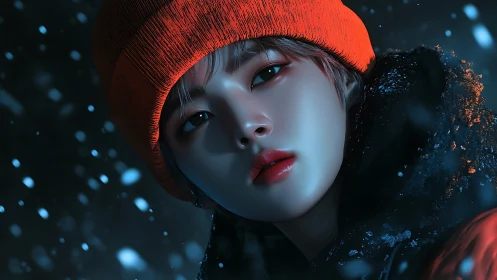 Ember-bright beanie ignites calm eyes in swirling winter snow