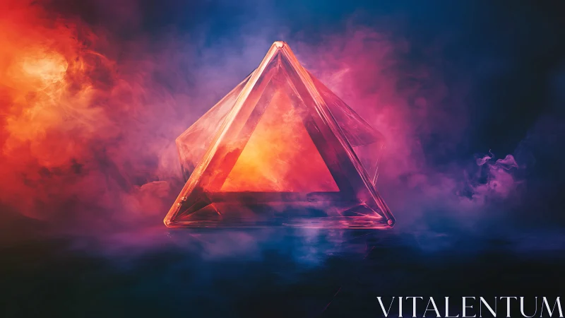Luminous glass triangle glows within neon misty atmosphere