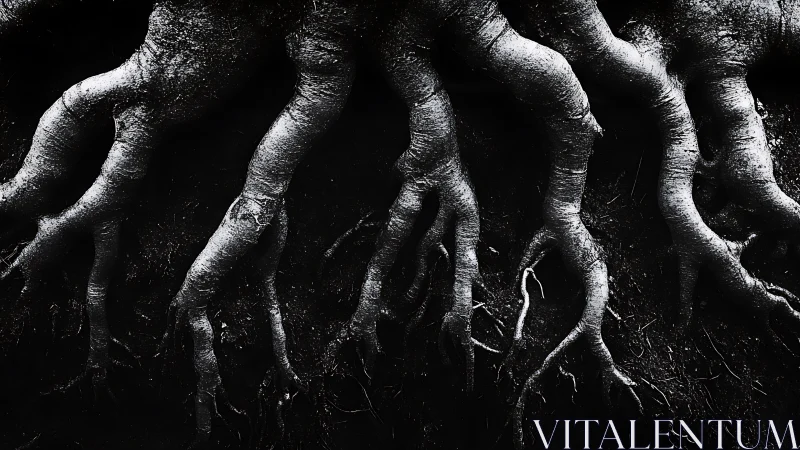 Twisting tree roots reaching through earth in quiet strength.