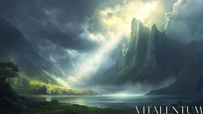 Epic digital painting of luminescent mountain fjord vista.