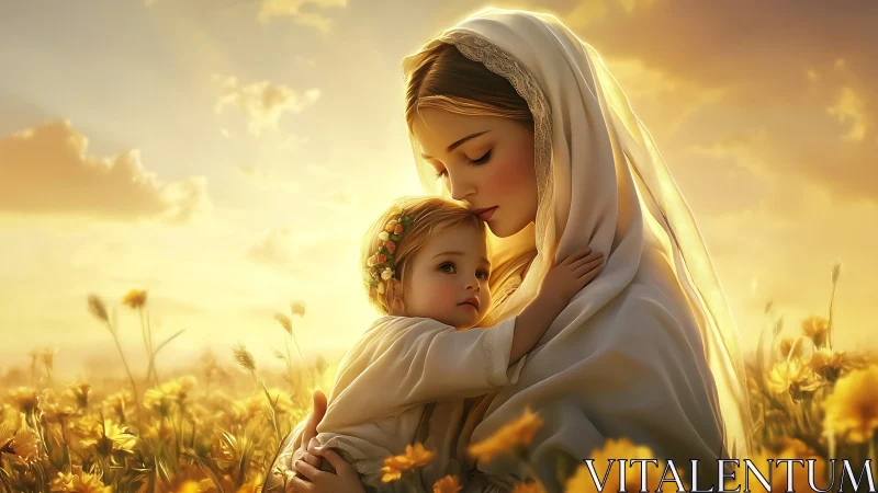 Mother holding child in glowing flower field at sunset.