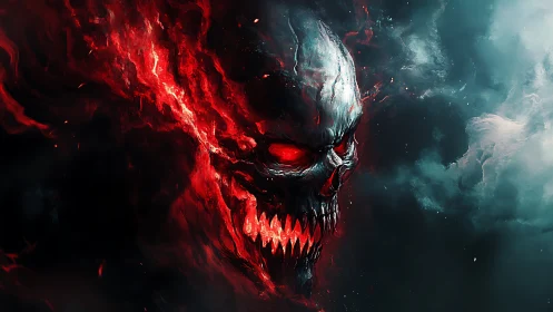 Infernal skull wreathed in red flame within storm clouds.