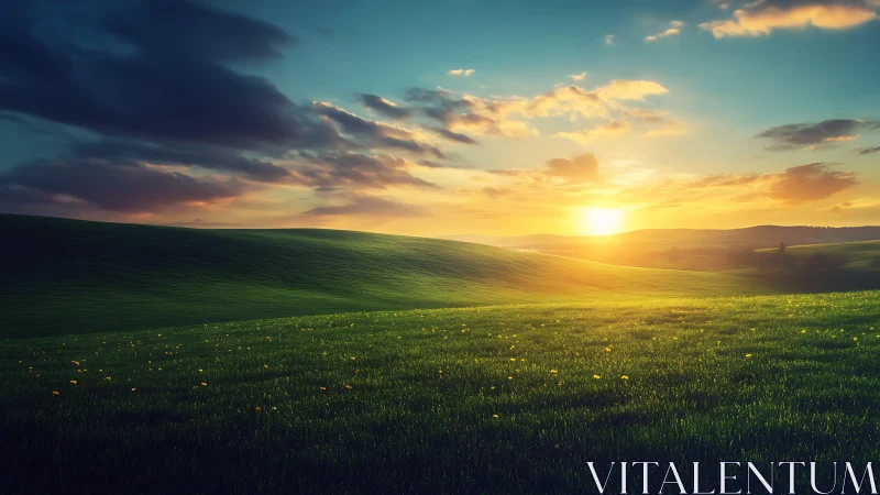 Golden sunrise gently warms a rolling green meadow