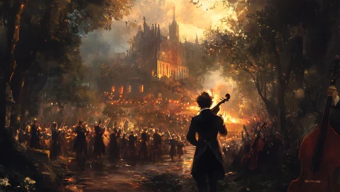 Orchestral procession advances toward a burning gothic castle