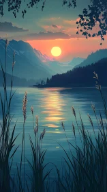 Sunlit alpine lake at dusk with layered peaks and reeds.