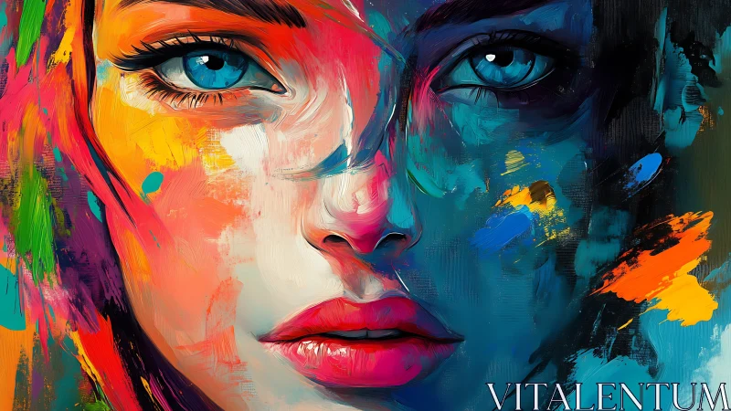 Vivid impasto portrait of blue-eyed woman in split spectrum color