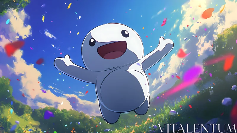 High-energy chibi character levitating amid dynamic confetti field