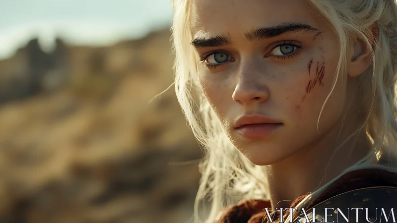 Battle worn blonde warrior in harsh desert sunlight.