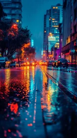 Neon city street glows over wet pavement during rainfall