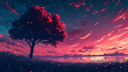 Solitary tree stands by reflective water under vivid dusk sky