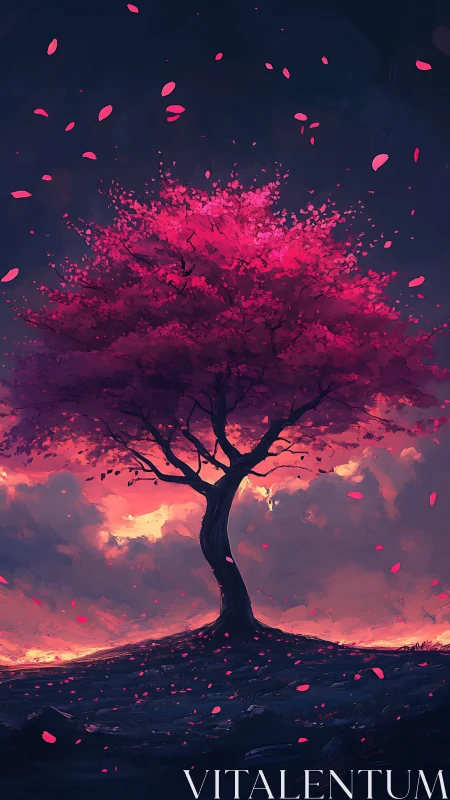 Solitary pink tree against dramatic dusk sky landscape.
