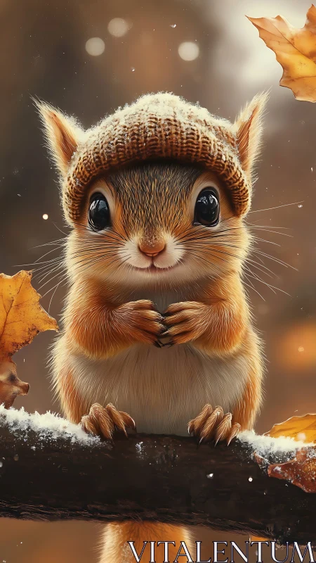 Cozy acorn dreamer in a knitted hat on frosty autumn bough.