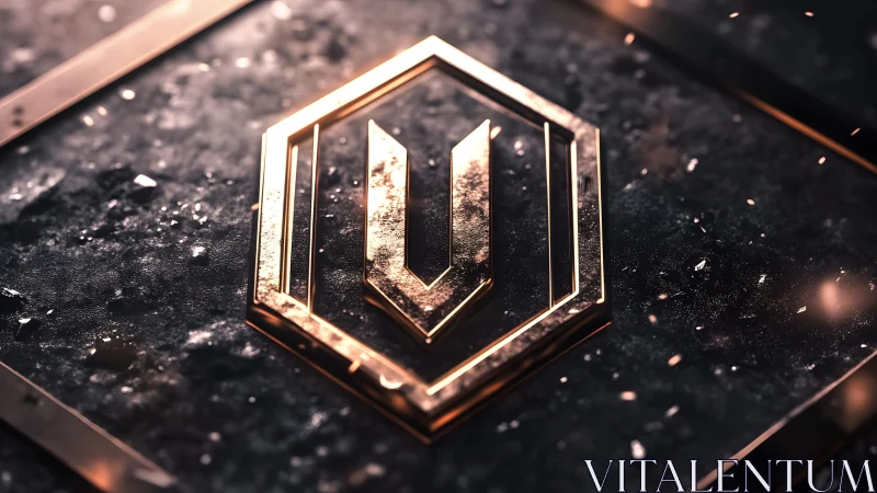 Metallic geometric emblem on textured dark background, modern style.