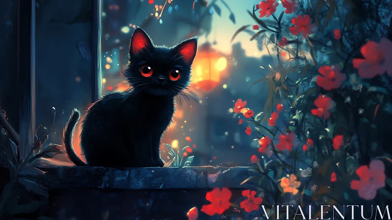 Black Cat with Glowing Eyes Among Red Flowers.