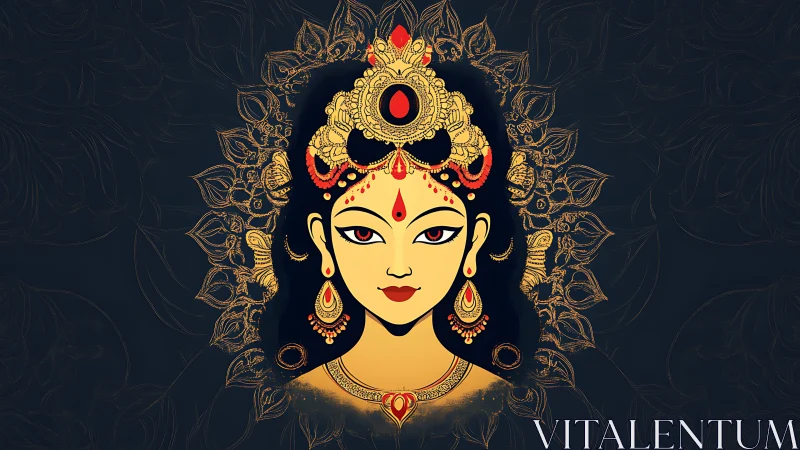 Divine goddess portrait with ornate gold mandala halo.