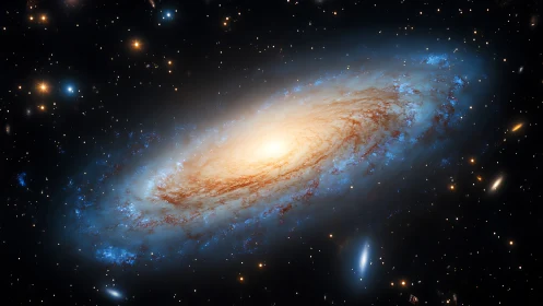 Glowing spiral galaxy drifts gently through a starry cosmos