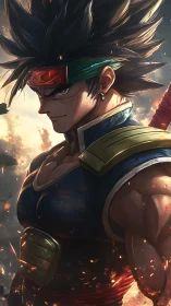 Saiyan warrior stands in ember-filled battlefield glow.