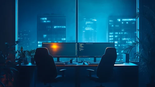 Midnight coding studio with glowing city window views.