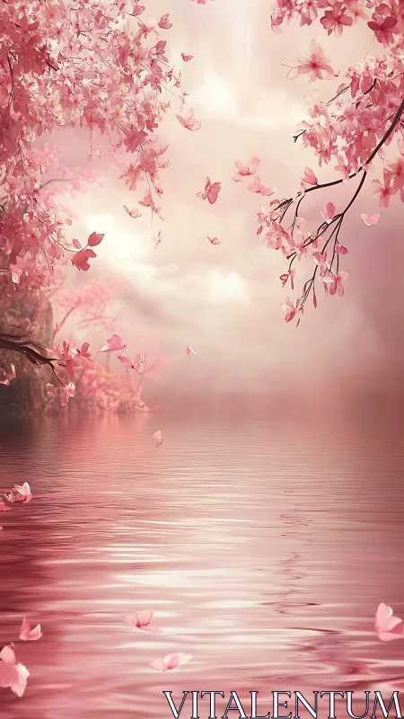 Dreamlike pink cherry blossoms drift above tranquil water.