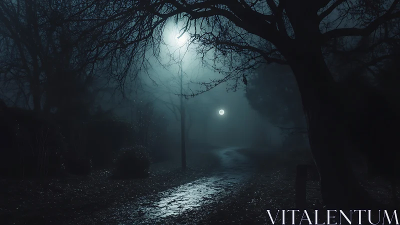 Foggy moonlit forest path under bare winter trees.