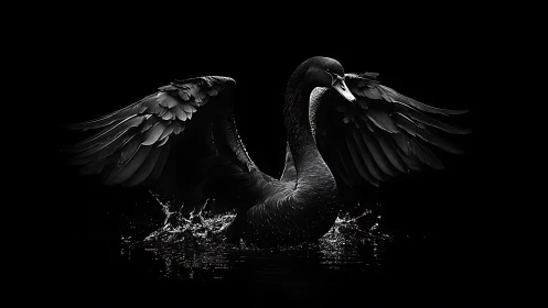 Midnight swan unfurls obsidian wings in sculpted shadow.