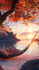 Autumn shoreline hammock under maple canopy at sunset glow