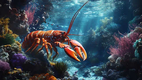 Bold red lobster explores a colorful coral kingdom underwater