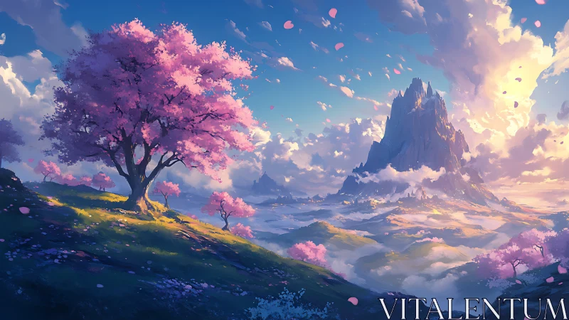 Blossoming pink trees frame a mystical sunlit mountain realm