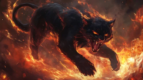 Black panther leaps through dense flames with bared fangs