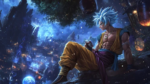 Starry-haired warrior relaxing above a glowing dream city.