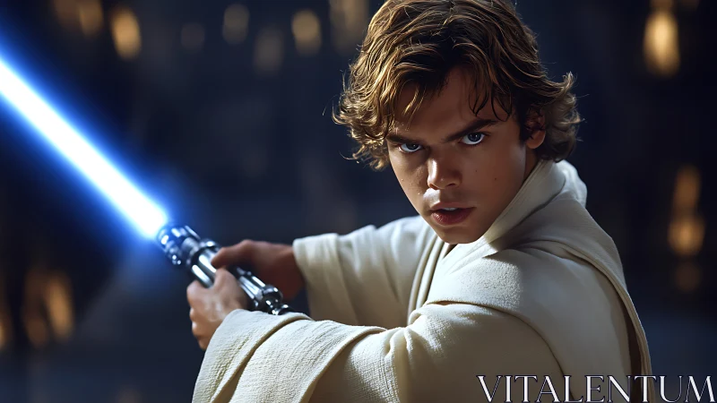 Photorealistic Jedi portrait with dynamic blue lightsaber focus.