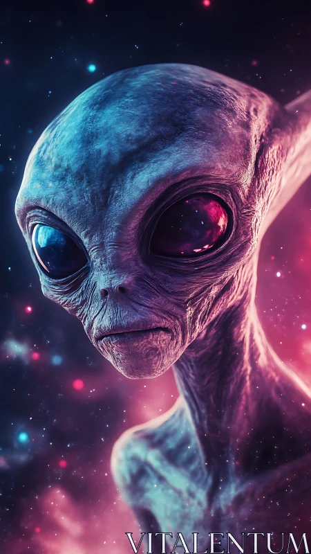 Gentle alien visitor gazing softly through a nebula glow.