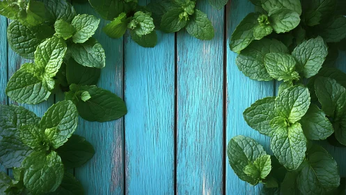 Fresh mint leaves framing distressed turquoise boards.