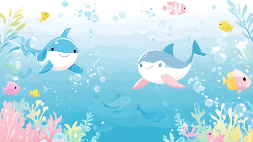 Playful baby sharks glide through a bright coral playground