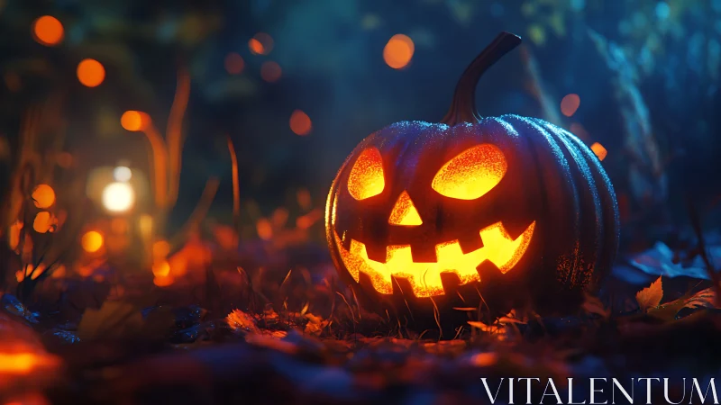 Glowing jack o lantern burns through misty autumn night.