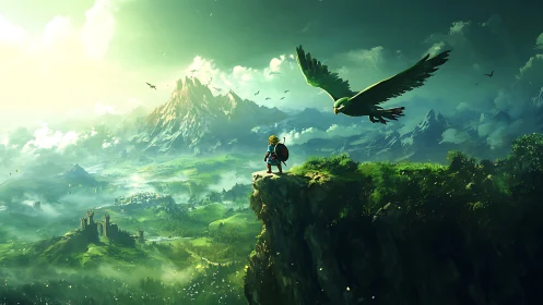 Sky edge wanderer and emerald hawk over mist kingdoms.