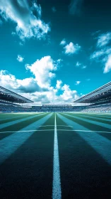 Horizon-struck football pitch under electric teal sky.