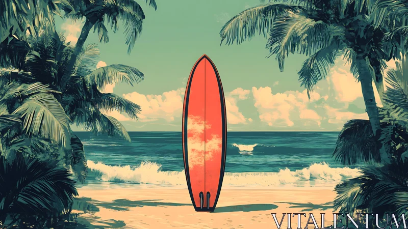 Retro surfboard on tropical beach between palm trees.