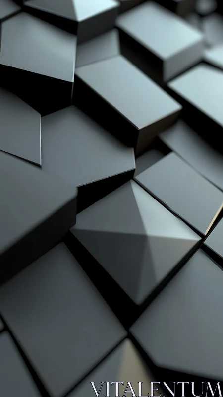 Tiled dark geometric prisms form staggered low-gloss 3D surface