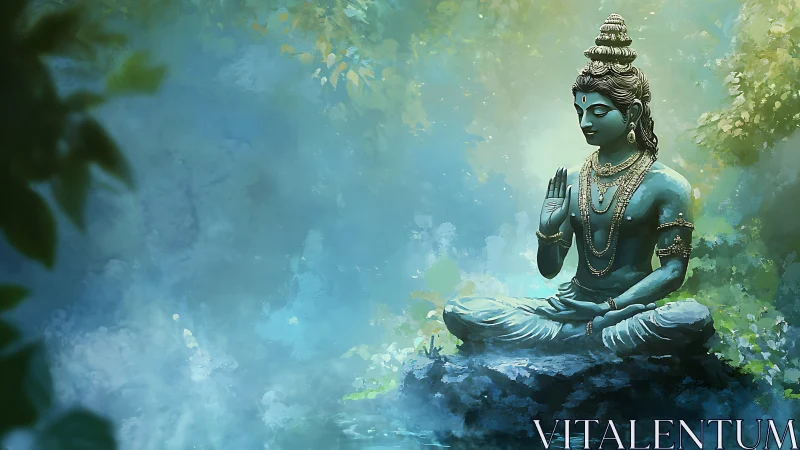 Peaceful blue deity meditating beside a misty forest pool.