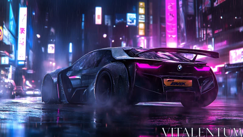 Neon storm racer prowls a rain-soaked cyber city street.