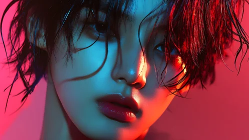 Cyberpunk portrait in blue-red dual lighting with glossy finish.