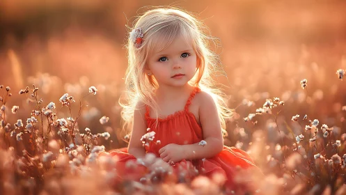 Young Child in Red Dress Among Cotton Field.