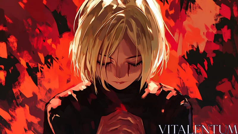 Solitary blonde figure in anime style against abstract inferno