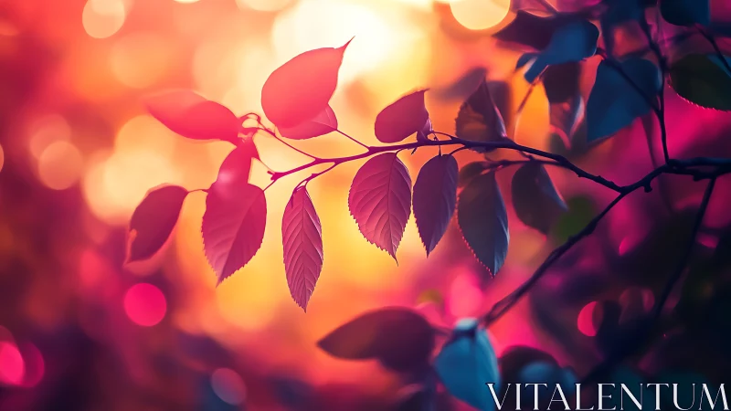 Backlit leaves in vivid bokeh with saturated sunset hues.