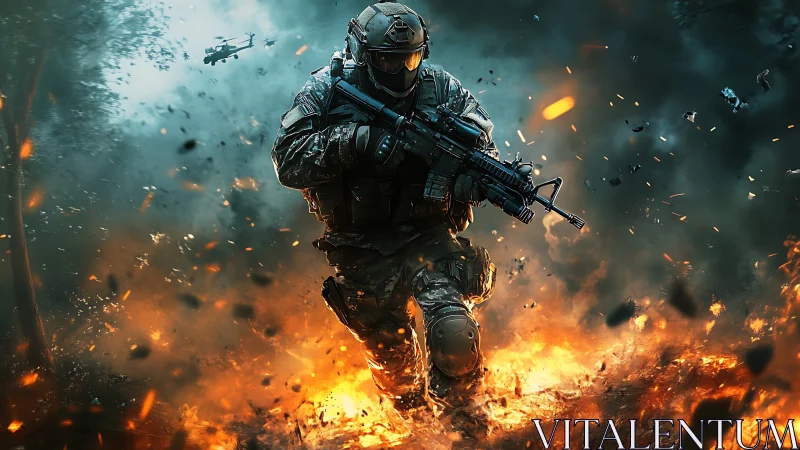 Armored soldier charging through battlefield explosion.