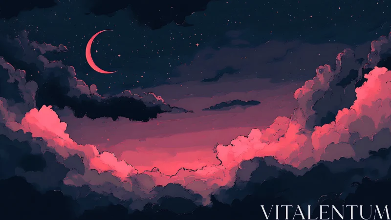 Crescent moon over vivid pink clouds at dreamy dusk sky.