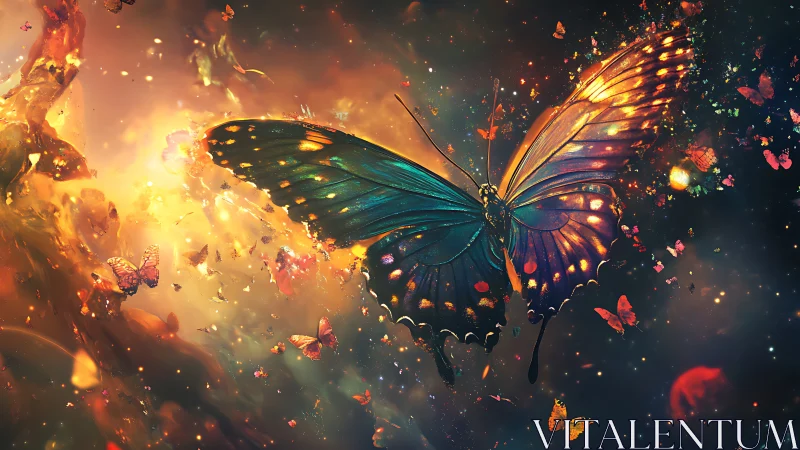 Nebula-winged butterfly ignites a cosmic bloom of color.