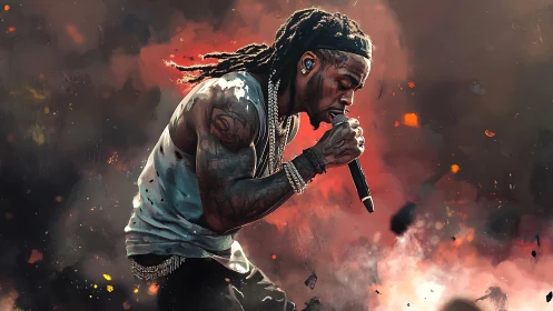 Fiery hip hop performance bathed in glowing stage light.