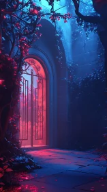 Neo-noir enchanted garden portal in cinematic lighting.